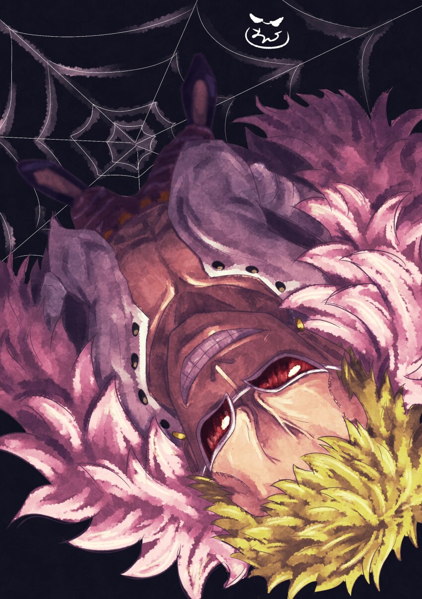 1boy absurdres black_background blonde_hair coat donquixote_doflamingo earrings feather_coat from_above grin highres jewelry looking_at_viewer male_focus muscular muscular_male one_piece onepiece_banbi open_clothes open_shirt pink_coat shirt short_hair signature silk smile spider_web standing sunglasses white_shirt