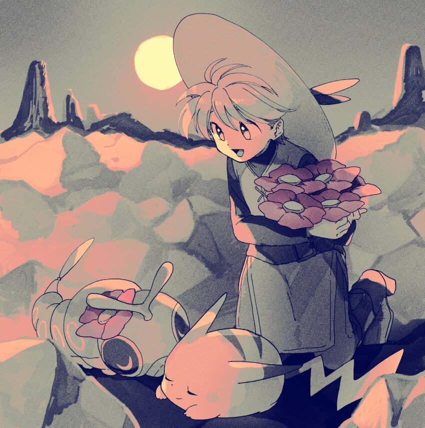 1girl :d animal_ears caterpie closed_eyes flower gen_1_pokemon hat highres holding holding_flower kneeling long_sleeves looking_down mountainous_horizon nintendo open_mouth outdoors pants pikachu pokemon pokemon_(creature) pokemon_adventures red_flower shoes short_hair sleeping smile sun tail tunic yellow_(pokemon) yui_ko