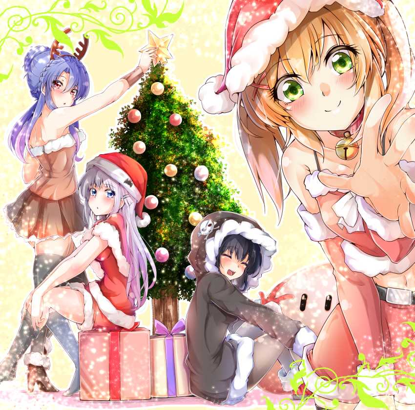 4girls :d ^_^ absurdres animal_collar antlers armpit_crease bare_shoulders bat_ornament bell belt black_belt black_hair black_pantyhose black_skirt blonde_hair blue_eyes blue_hair blush box braid braided_bun brown_footwear capelet christmas christmas_tree closed_eyes closed_mouth collar company_connection cowboy_shot crown_braid dango_daikazoku detached_sleeves dress eyelashes eyes_visible_through_hair fake_horns frilled_sleeves frills from_side fur-trimmed_capelet fur-trimmed_skirt fur-trimmed_sleeves fur_trim gift gift_box gloves green_eyes hair_between_eyes hair_bun hair_ornament hairclip hat head_tilt high_heels highres hood hood_up horns jingle_bell key_(company) kushima_kamome light_particles long_hair looking_at_viewer miniskirt multiple_girls naruse_shiroha navel neck_bell open_mouth outstretched_arm pantyhose parted_lips reaching reaching_towards_viewer red_eyes red_skirt red_sleeves reindeer_antlers santa_capelet santa_costume santa_dress santa_gloves santa_hat shinonome_mozuku simple_background single_hair_bun sitting skindentation skirt smile sorakado_ao standing star_(symbol) straight-on summer_pockets thighhighs tsumugi_wenders twintails very_long_hair w white_fur white_hair x_hair_ornament yellow_background zettai_ryouiki