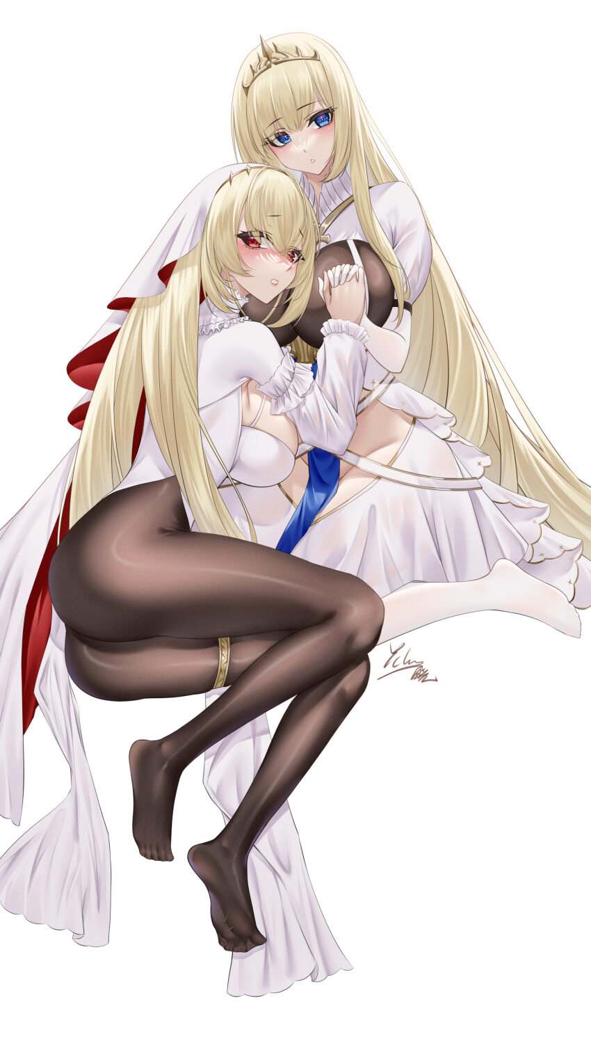 2girls absurdres ass azur_lane barefoot blonde_hair blue_eyes breasts brown_pantyhose commentary_request crotch_cutout crotchless dress elbow_gloves framed_breasts frilled_sleeves frills full_body gloves gold gold_tiara hair_between_eyes highres holding_hands ichikushi_mojibake kersaint_(azur_lane) large_breasts long_hair long_sleeves lying multiple_girls no_panties on_side painleve_(azur_lane) pantyhose partial_commentary puffy_sleeves red_eyes signature simple_background thigh_strap thighhighs veil very_long_hair white_background white_dress white_gloves white_thighhighs white_veil