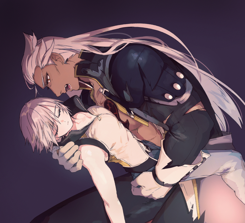 2boys ansem_seeker_of_darkness closed_eyes dark-skinned_male dark_skin fainted fang gloves grey_hair highres kingdom_hearts kingdom_hearts_3d:_dream_drop_distance large_hands lgw7 long_hair looking_at_another male_focus multiple_boys open_mouth orange_eyes pointy_ears riku_(kingdom_hearts) short_hair vampire yaoi