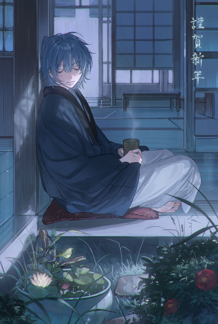 1boy absurdres against_wall aqua_hair architecture barefoot blue_haori closed_eyes closed_mouth coke_6 cup double-parted_bangs east_asian_architecture facing_viewer flower from_side full_body grass hair_between_eyes haori highres holding holding_cup japanese_clothes leaf mahoutsukai_no_yakusoku male_focus medium_hair messy_hair nero_turner on_cushion pants plant potted_plant red_flower sitting sleeping solo table tatami white_pants winter_clothes