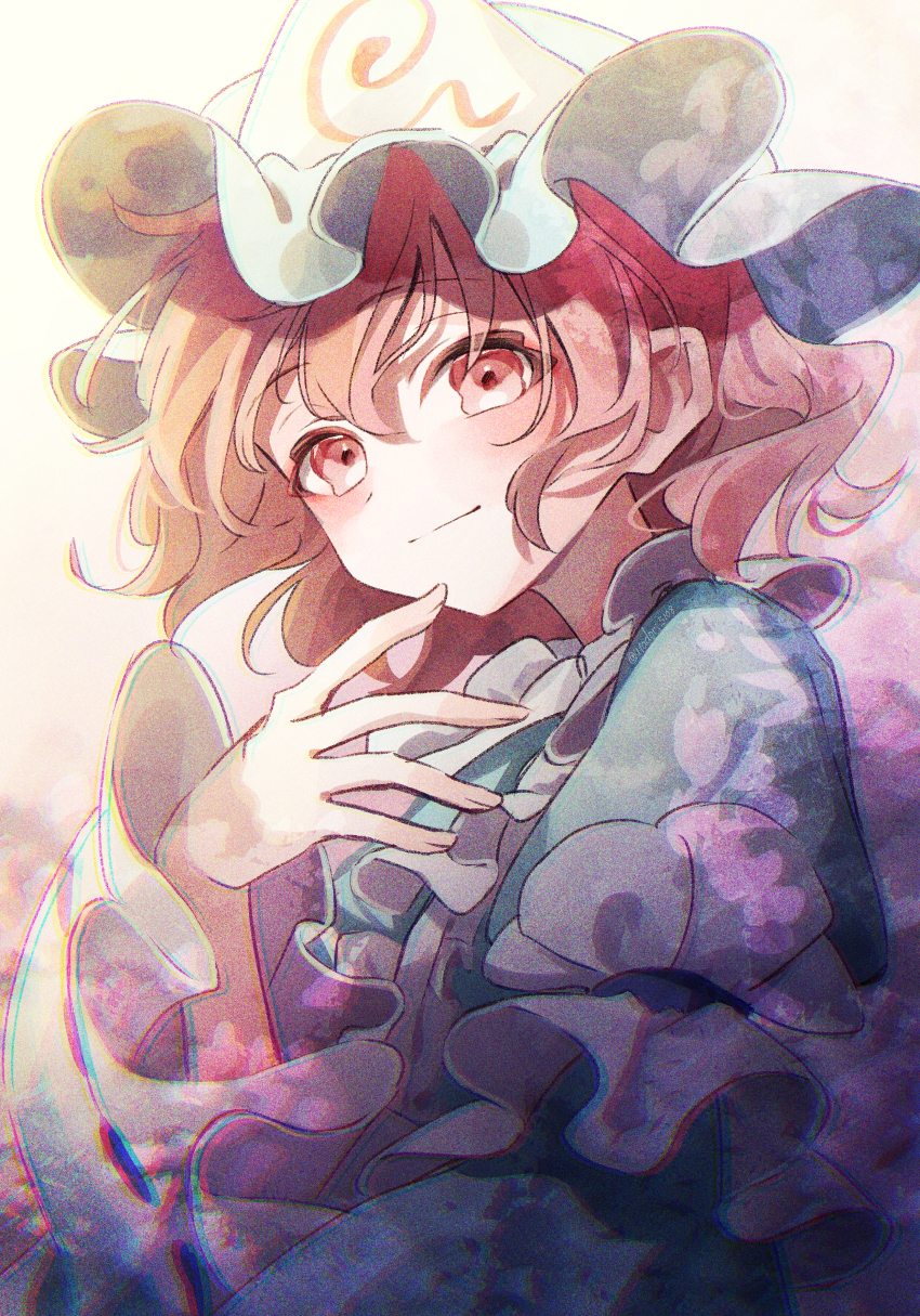 1girl absurdres blue_hat blue_kimono chromatic_aberration closed_mouth commentary film_grain gagaku_kawa_rei hat highres japanese_clothes juliet_sleeves kimono light_blush light_smile long_sleeves looking_at_viewer mob_cap pink_eyes pink_hair puffy_sleeves ribbon-trimmed_sleeves ribbon_trim saigyouji_yuyuko short_hair sleeve_garter solo touhou triangular_headpiece upper_body wide_sleeves