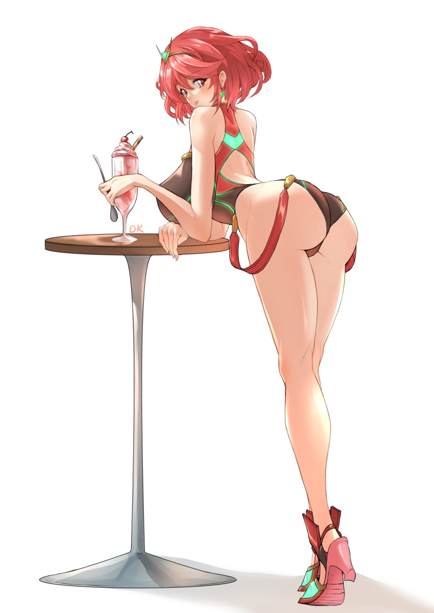 1girl ass deekei earrings high_heels highres jewelry looking_at_viewer looking_back pyra_(pro_swimmer)_(xenoblade) pyra_(xenoblade) red_eyes red_hair simple_background solo swimsuit tongue tongue_out white_background xenoblade_chronicles_(series) xenoblade_chronicles_2