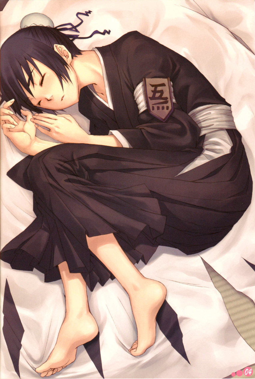 00s 1girl artistic_error badge barefoot bed_sheet black_hair bleach bun_cover extra_digits feet female_focus fukutaichou_badge hair_bun highres hinamori_momo pua single_hair_bun sleeping solo toes