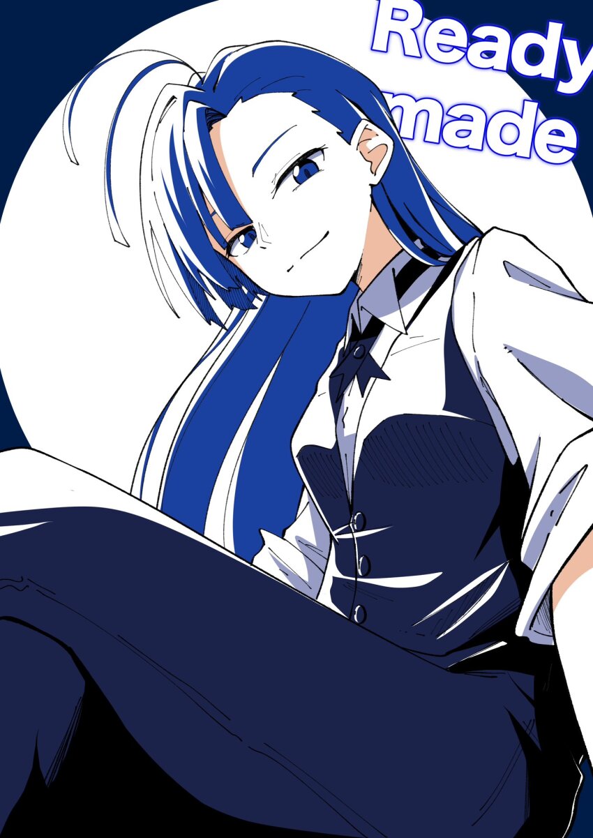 1girl ado_(utaite) ahoge blue_eyes blue_hair blue_pants closed_mouth collared_shirt commentary highres long_hair looking_at_viewer merry_(ado) necktie nori_(norinori_yrl) pants readymade_(ado) shirt short_sleeves solo song_name white_shirt