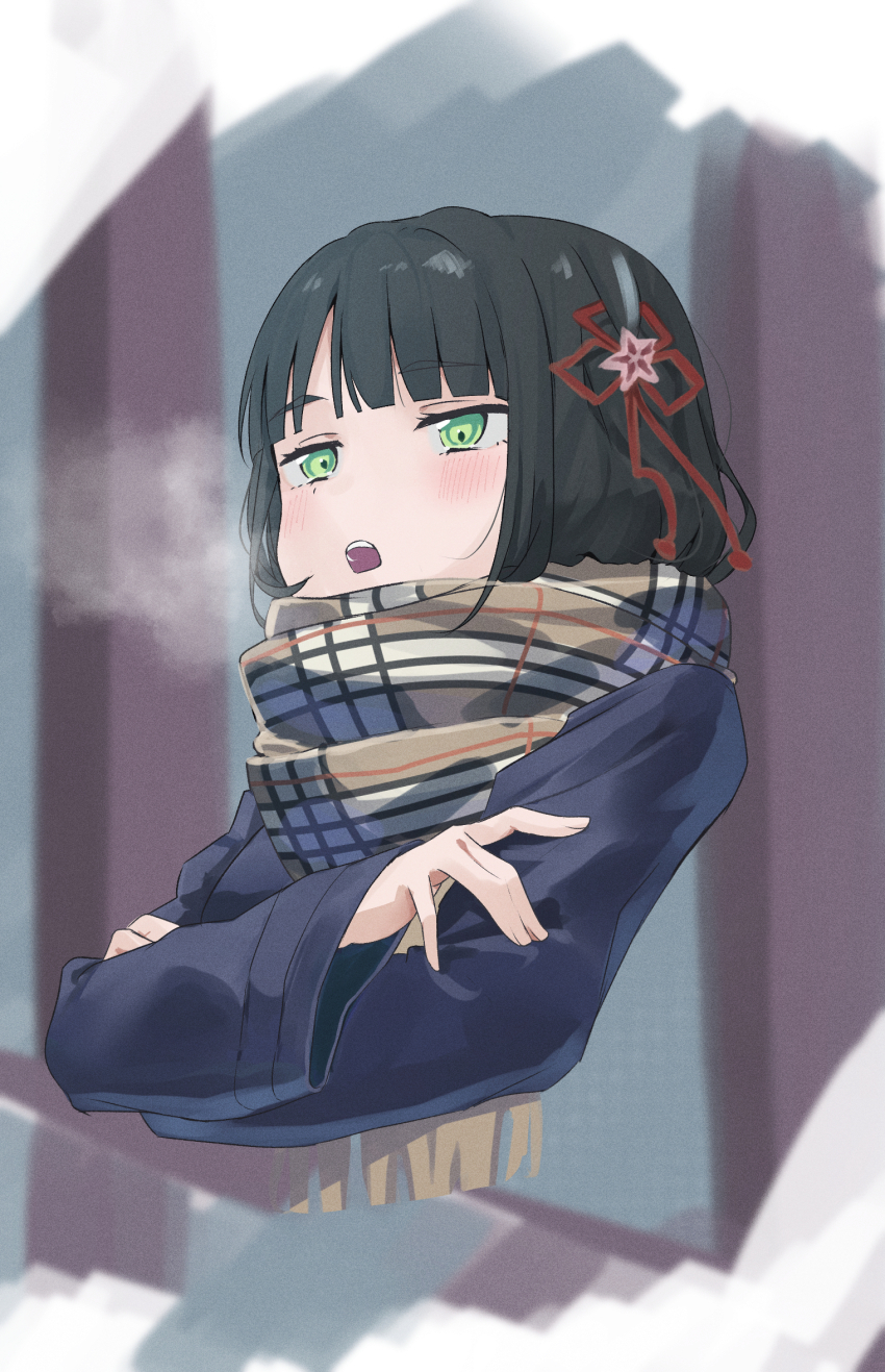 1girl black_hair blue_coat blunt_bangs blush bob_cut breath brown_scarf coat commentary cropped_shoulders crossed_arms enpera flower flower_knot green_eyes hair_flower hair_ornament highres jitome link!_like!_love_live! long_sleeves love_live! lowlight1010 momose_ginko open_mouth pink_flower plaid_clothes plaid_scarf scarf short_hair sketch_background solo teeth upper_teeth_only virtual_youtuber