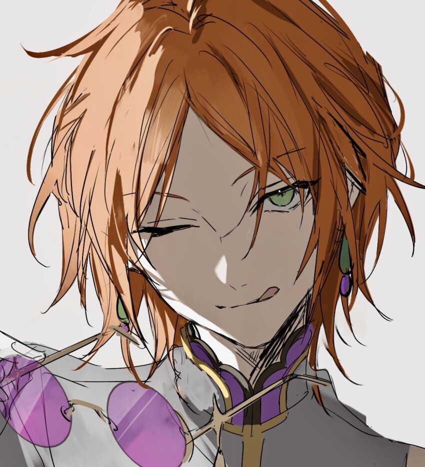 1boy chinese_clothes earrings ensemble_stars! green_eyes grey_shirt head_tilt highres holding holding_removed_eyewear jewelry licking_lips looking_at_viewer male_focus medium_hair nozz177 one_eye_closed orange_hair parted_bangs portrait shirt simple_background solo sunglasses tongue tongue_out tsukinaga_leo unworn_eyewear
