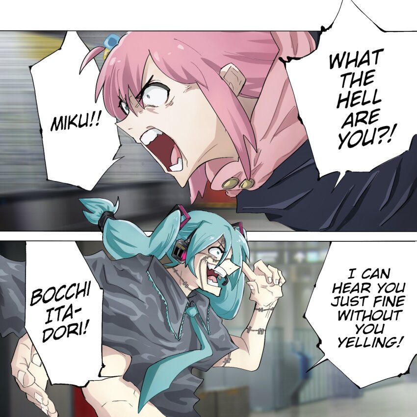 2girls aqua_hair aqua_necktie bocchi_the_rock! collared_shirt commentary cosplay cube_hair_ornament english_commentary english_text gotoh_hitori grey_shawl h0ney606 hair_ornament hatsune_miku headset highres itadori_yuuji itadori_yuuji_(cosplay) jujutsu_kaisen jujutsu_tech_uniform mahito_(jujutsu_kaisen) multiple_girls necktie parody pink_hair scene_reference shawl shirt shouting stitches teeth vocaloid