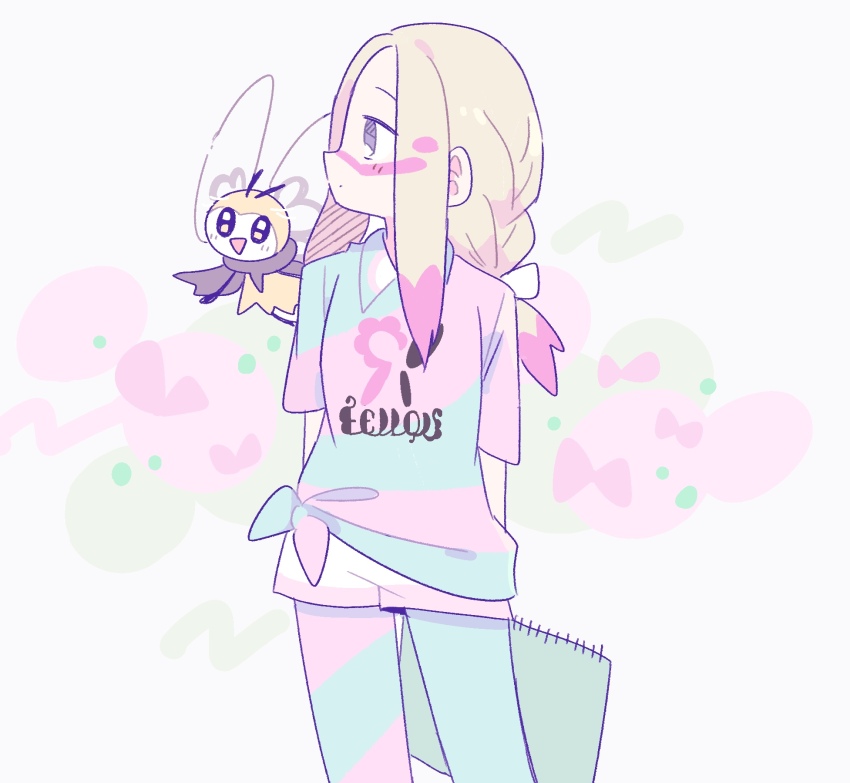 1girl :d arms_behind_back blonde_hair blue_shirt check_commentary colored_tips commentary_request facepaint game_freak gen_7_pokemon gym_challenge_uniform highres holding holding_notebook long_hair mina_(pokemon) multicolored_hair nintendo notebook open_mouth pink_shirt pokemon pokemon_(creature) pokemon_sm pokemon_swsh remoooon ribombee shirt shorts smile standing striped_clothes striped_shirt two-tone_shirt white_background white_shorts