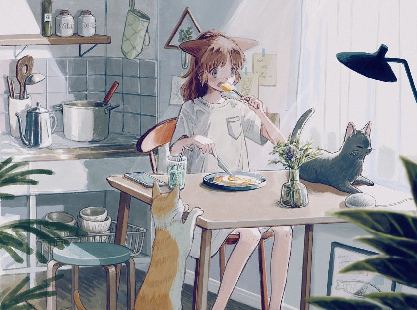 1girl animal_ears blue_eyes breast_pocket brown_hair cat cat_ears cellphone chair commentary_request desk_lamp eating egg eokaku_surimi fork highres holding holding_fork holding_knife indoors kettle kitchen knife ladle lamp long_hair morning open_mouth original oven_mitts phone plate pocket ponytail pot salt shirt short_sleeves sitting slice_of_life smartphone solo stool table vase white_shirt