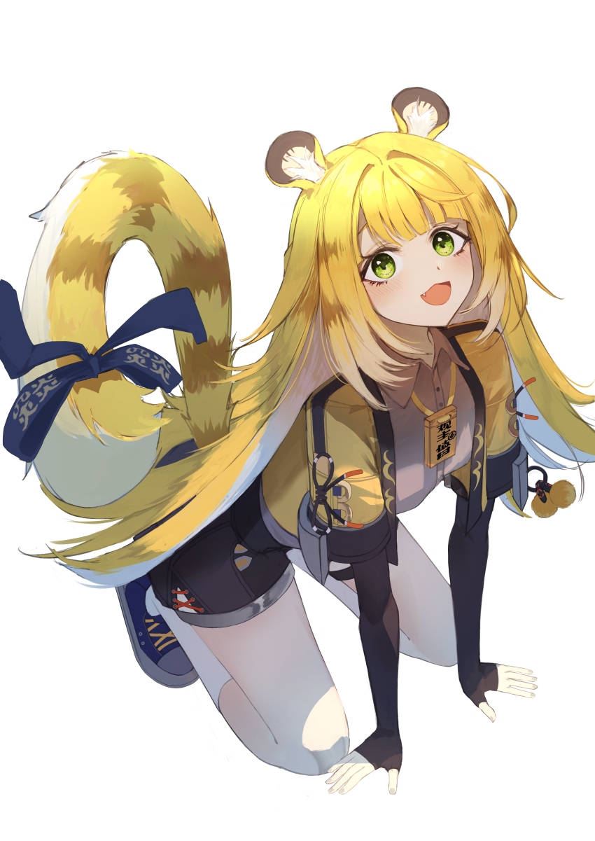 1girl absurdres animal_ears blonde_hair colored_inner_hair green_eyes highres jacket ju_fufu long_hair looking_at_viewer mua1475 multicolored_hair open_mouth shirt smile solo tail tiger_ears tiger_girl tiger_tail zenless_zone_zero