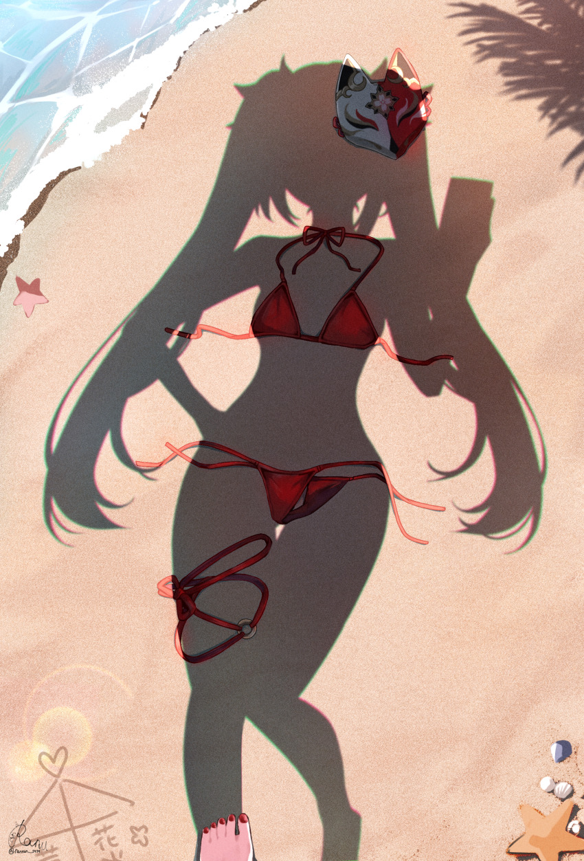 1girl absurdres ai_ai_gasa beach bikini day dressed_shadow_(meme) fox_mask highres honkai:_star_rail honkai_(series) mask meme nail_polish outdoors ranran_3939 red_bikini red_nails sand shadow signature solo sparkle_(honkai:_star_rail) starfish swimsuit thigh_strap toenail_polish toenails twintails unworn_bikini unworn_mask
