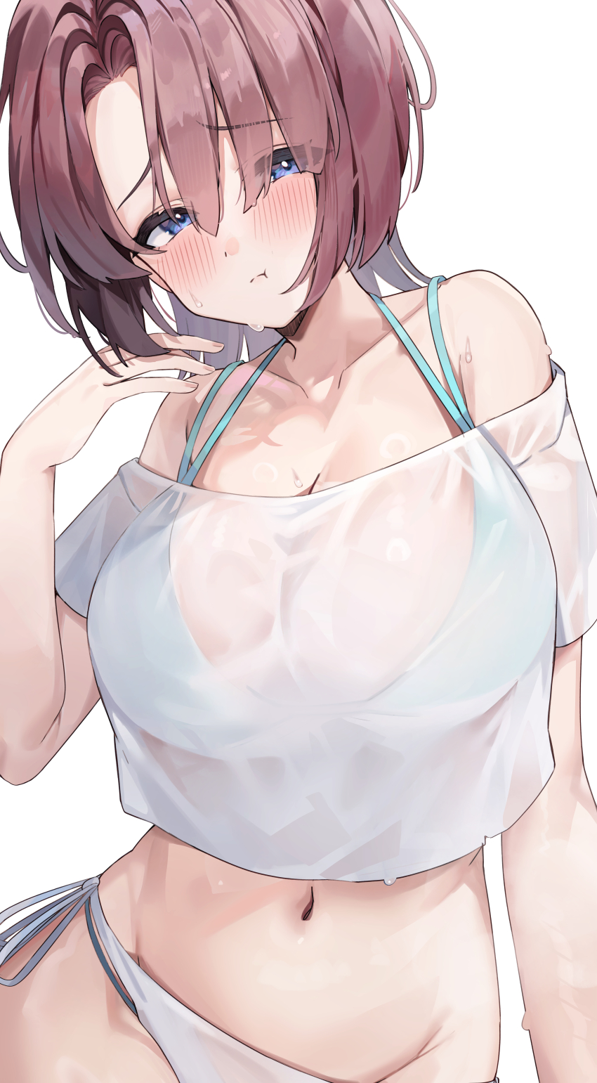 1girl :t absurdres arimura_mao asymmetrical_bangs bare_shoulders bikini bikini_under_clothes blush breasts cleavage collarbone commentary_request cropped_shirt gakuen_idolmaster groin head_tilt highres idolmaster kuroshiro_kanae large_breasts looking_at_viewer mismatched_bikini navel off-shoulder_shirt off_shoulder pink_hair pout shirt side-tie_bikini_bottom simple_background solo stomach sweat swimsuit wet wet_clothes wet_shirt white_background white_shirt