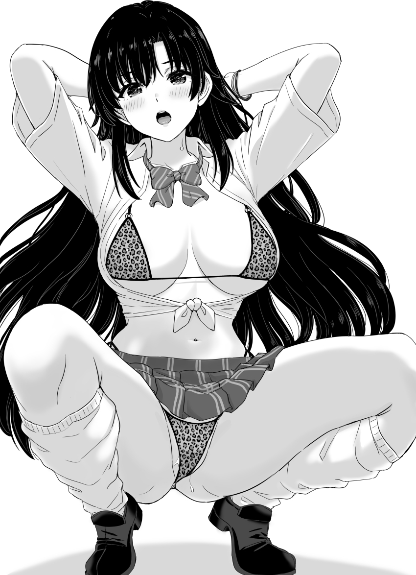 1girl absurdres animal_print arms_up bow bowtie bra breasts cleavage commentary_request diagonal-striped_bow diagonal-striped_bowtie diagonal-striped_clothes greyscale highres hiratsuka_shizuka inanaki_shiki leopard_print loafers long_hair looking_at_viewer monochrome navel panties print_panties school_uniform shirt shoes short_sleeves skirt socks solo squatting stomach striped_clothes striped_skirt tied_shirt underwear vertical-striped_clothes vertical-striped_skirt yahari_ore_no_seishun_lovecome_wa_machigatteiru.