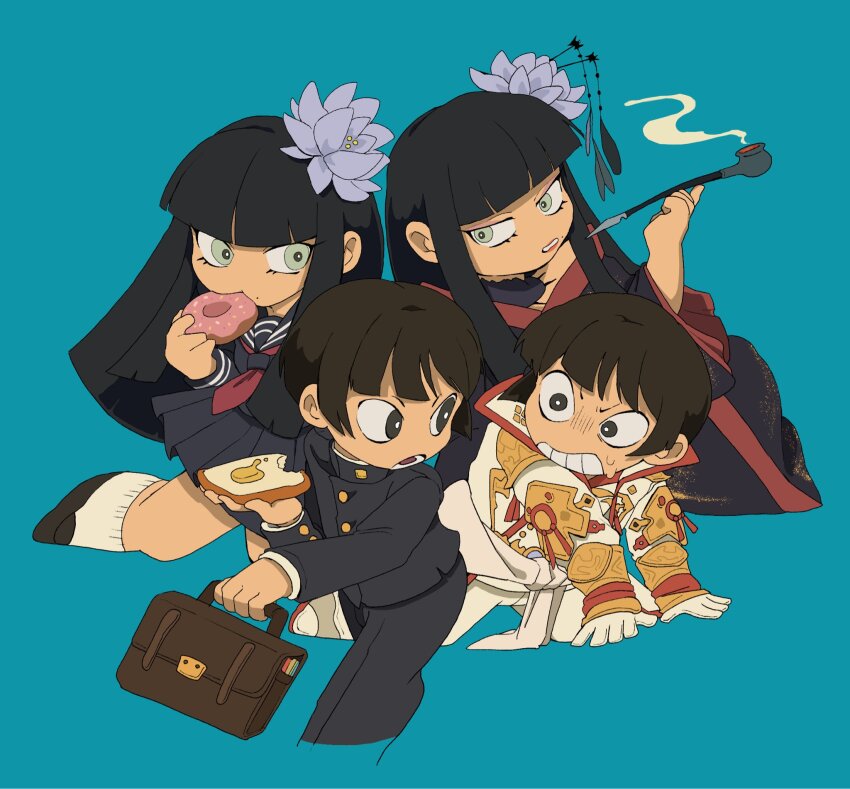 2boys 2girls all_fours alternate_costume arm_guards arm_support asahi_sas_brutus bag black_eyes black_hair black_jacket black_kimono black_pants black_skirt blue_background blunt_bangs bowl_cut bread_slice bright_pupils brother_and_sister buttons chibi clenched_teeth coat commentary cropped_legs donut dual_persona eating epiphyllum eye_contact final_fantasy final_fantasy_xiv flower food from_side full_body gakuran glaa_da gloves green_eyes hair_flower hair_ornament hair_stick highres holding holding_bag holding_food holding_smoking_pipe jacket japanese_clothes kimono kiseru kneehighs long_hair looking_at_another lying mole mole_under_mouth multiple_boys multiple_girls neckerchief on_side open_mouth pants red_neckerchief red_trim school_uniform short_hair siblings simple_background skirt smoke smoking_pipe socks straight_hair sweat teeth toast white_coat white_gloves white_pants white_pupils white_socks wide-eyed yotsuyu_goe_brutus