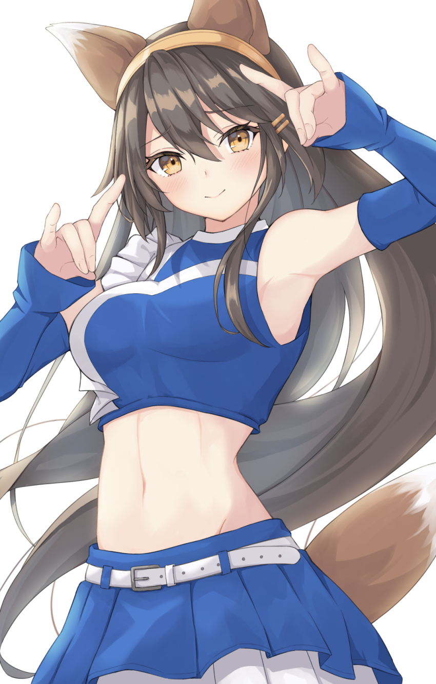 1girl animal_ears bare_shoulders belt black_hair blue_skirt breasts brown_eyes cheerleader commission cosplay detached_sleeves double_fox_shadow_puppet fake_animal_ears fake_tail fox_ears fox_shadow_puppet gensoukitan hair_between_eyes hairband haruna_(kancolle) highres hokkaido_nippon-ham_fighters kantai_collection layered_skirt long_hair looking_at_viewer medium_breasts midriff navel nippon_professional_baseball pleated_skirt simple_background skeb_commission skirt solo tail white_background white_belt zuikaku_(cheerleader)_(kancolle) zuikaku_(kancolle) zuikaku_(kancolle)_(cosplay)
