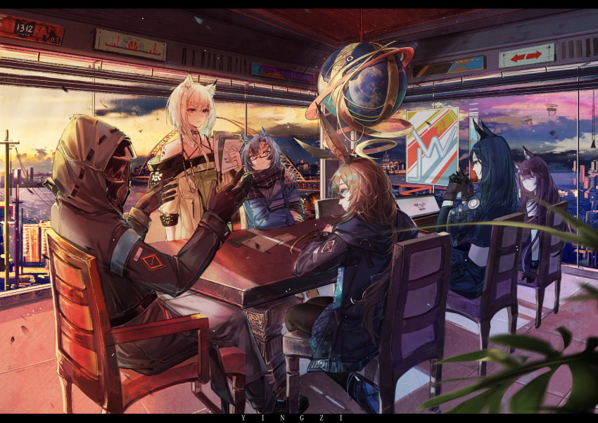 1other 5girls ambiguous_gender amiya_(arknights) animal_ear_fluff animal_ears arknights artist_name black_coat black_gloves black_hair black_pants black_pantyhose black_scarf black_vest blue_coat blue_eyes blue_hair blue_jacket blue_skirt brown_eyes brown_gloves brown_hair cat_ears chair cityscape closed_mouth coat dobermann_(arknights) doctor_(arknights) dog_ears dress drone eyelashes fang_(arknights) fang_(cruciata)_(arknights) glasses gloves green_dress green_eyes grey_pants hair_between_eyes highres holding holding_paper hood hood_down hood_up hooded_coat indoors infection_monitor_(arknights) interlocked_fingers jacket jewelry kal&#039;tsit_(arknights) letterboxed long_hair long_sleeves mask material_growth medium_hair meeting melantha_(arknights) multiple_girls multiple_rings off-shoulder_dress off_shoulder oripathy_lesion_(arknights) own_hands_together pants pantyhose paper purple_hair rabbit_ears ring scarf semi-rimless_eyewear sitting skirt sky table utility_pole vest water white_hair window yingzi