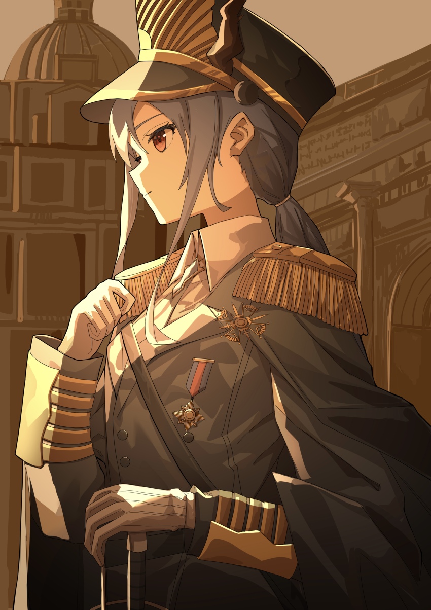 1girl absurdres alternate_costume arknights black_cape black_hat black_jacket brown_horns cape ch&#039;en_(arknights) closed_mouth cross cross_patty epaulettes etoile_(emiya33878499) fringe_trim gloves greek_cross grey_hair hand_up hat highres horns horns_through_headwear jacket lapels long_hair long_sleeves looking_ahead medal military_hat military_jacket military_uniform orange_eyes outdoors peaked_cap ponytail solo standing strap sunlight upper_body white_gloves