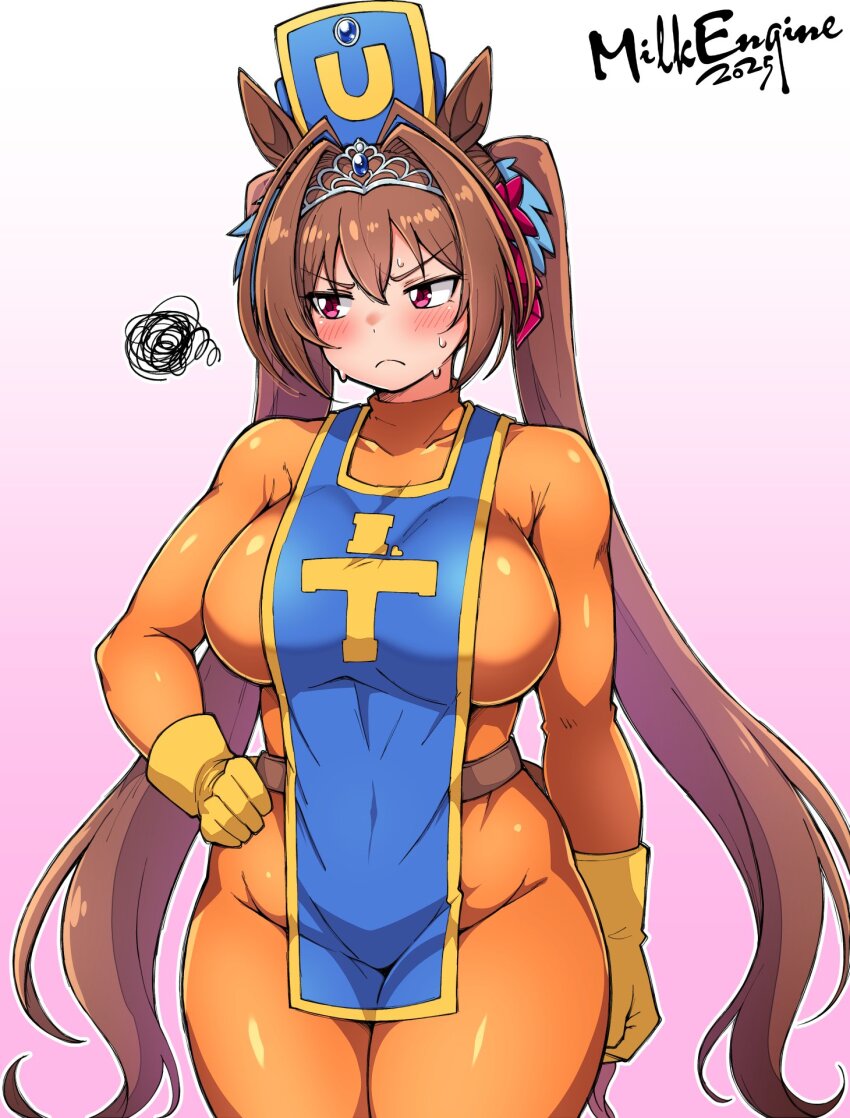 1girl 2025 animal_ears blue_hat blue_tabard blush bodysuit breasts brown_hair closed_mouth commentary_request cosplay cowboy_shot daiwa_scarlet_(umamusume) dragon_quest dragon_quest_iii frown gradient_background hair_intakes hand_on_own_hip hat highres horse_ears horse_girl horse_tail kyosuke_fujiwara large_breasts long_hair looking_afar mitre orange_bodysuit pink_background priest_(dq3) priest_(dq3)_(cosplay) red_eyes solo squiggle tabard tail tiara twintails umamusume v-shaped_eyebrows very_long_hair white_background