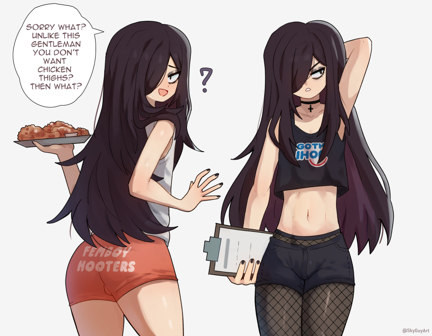 1boy ? absurdres arm_behind_head arm_up ass black_hair black_shorts choker clipboard cowboy_shot employee_uniform english_text eyeshadow femboy_hooters_(meme) food goth_fashion hair_over_one_eye highres holding holding_clipboard holding_food hooters ihop long_hair makeup male_focus meme midriff multiple_views navel orange_shorts original pantyhose roland_(ms_pigtails) shorts simple_background sky_guy_art speech_bubble trap white_background