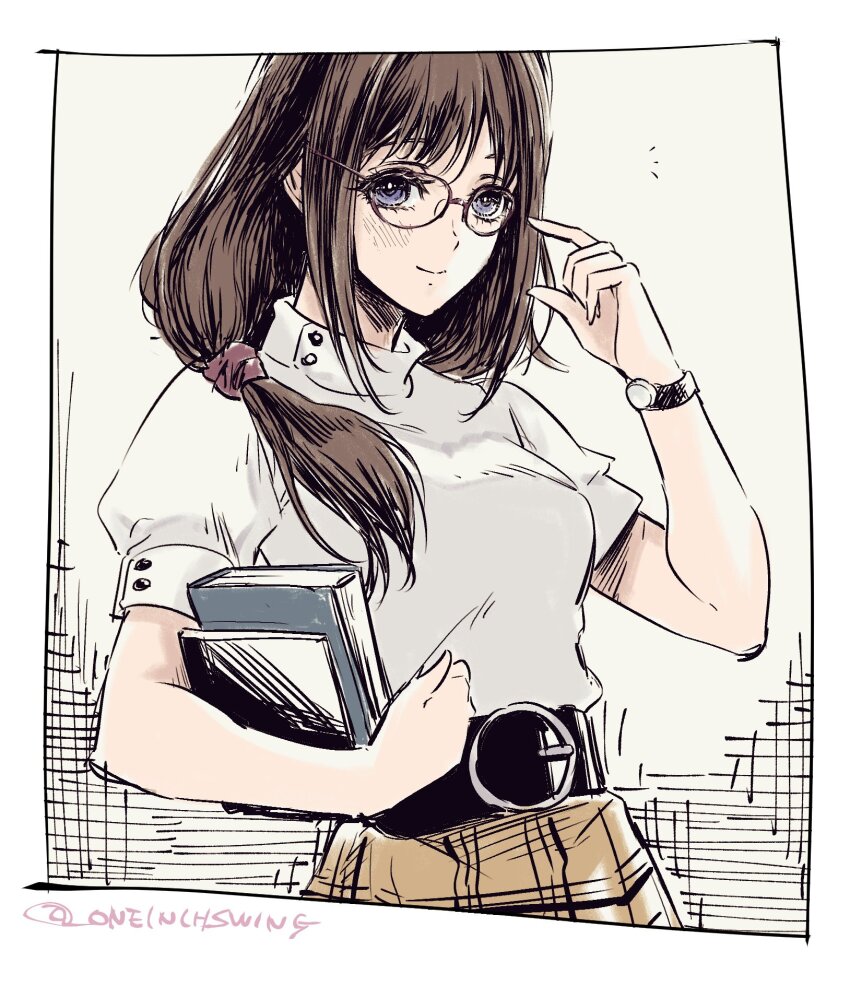 1girl belt blue_eyes book brown_eyes famicom_tantei_club glasses highres looking_at_viewer nintendo ponytail skirt smile solo tachibana_ayumi umi_(_oneinchswing) upper_body watch wristwatch
