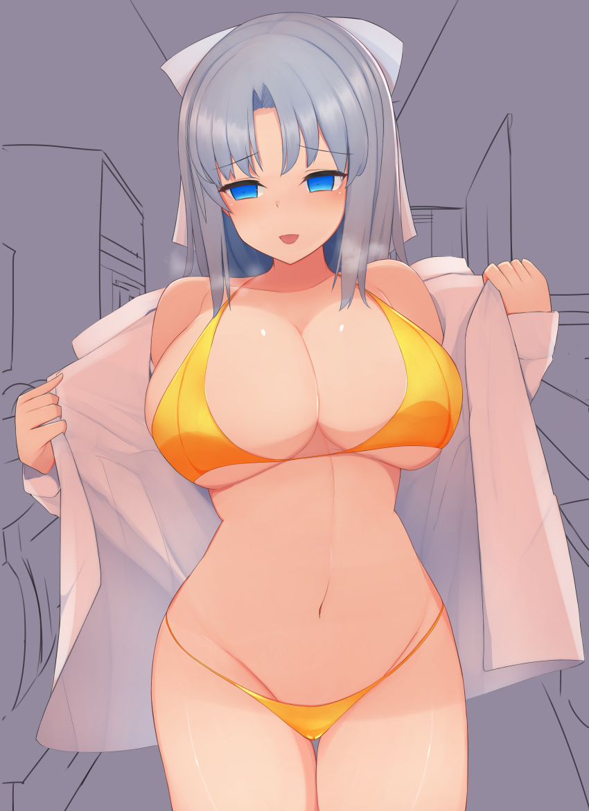 1girl absurdres bare_shoulders bikini blue_eyes blush bow breasts cameltoe cleavage collarbone george_(pixiv7099078) gold_bikini grey_hair groin hair_bow highres indoors large_breasts medium_hair midriff navel open_clothes open_mouth open_shirt senran_kagura shirt smile solo stomach swimsuit thigh_gap thighs yumi_(senran_kagura)