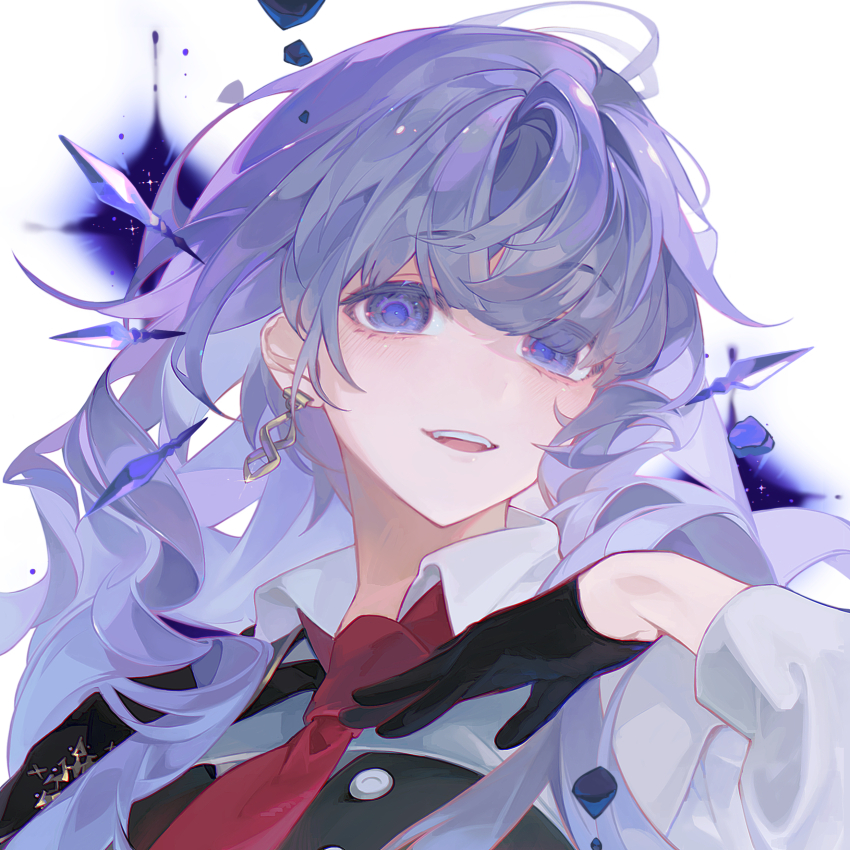 1girl absurdres arcaea black_gloves bzyzsjl01 collared_shirt earrings gloves hair_between_eyes highres insight_(arcaea) jewelry long_sleeves necktie portrait purple_eyes red_necktie shirt single_shoulder_pad smile solo white_hair white_shirt