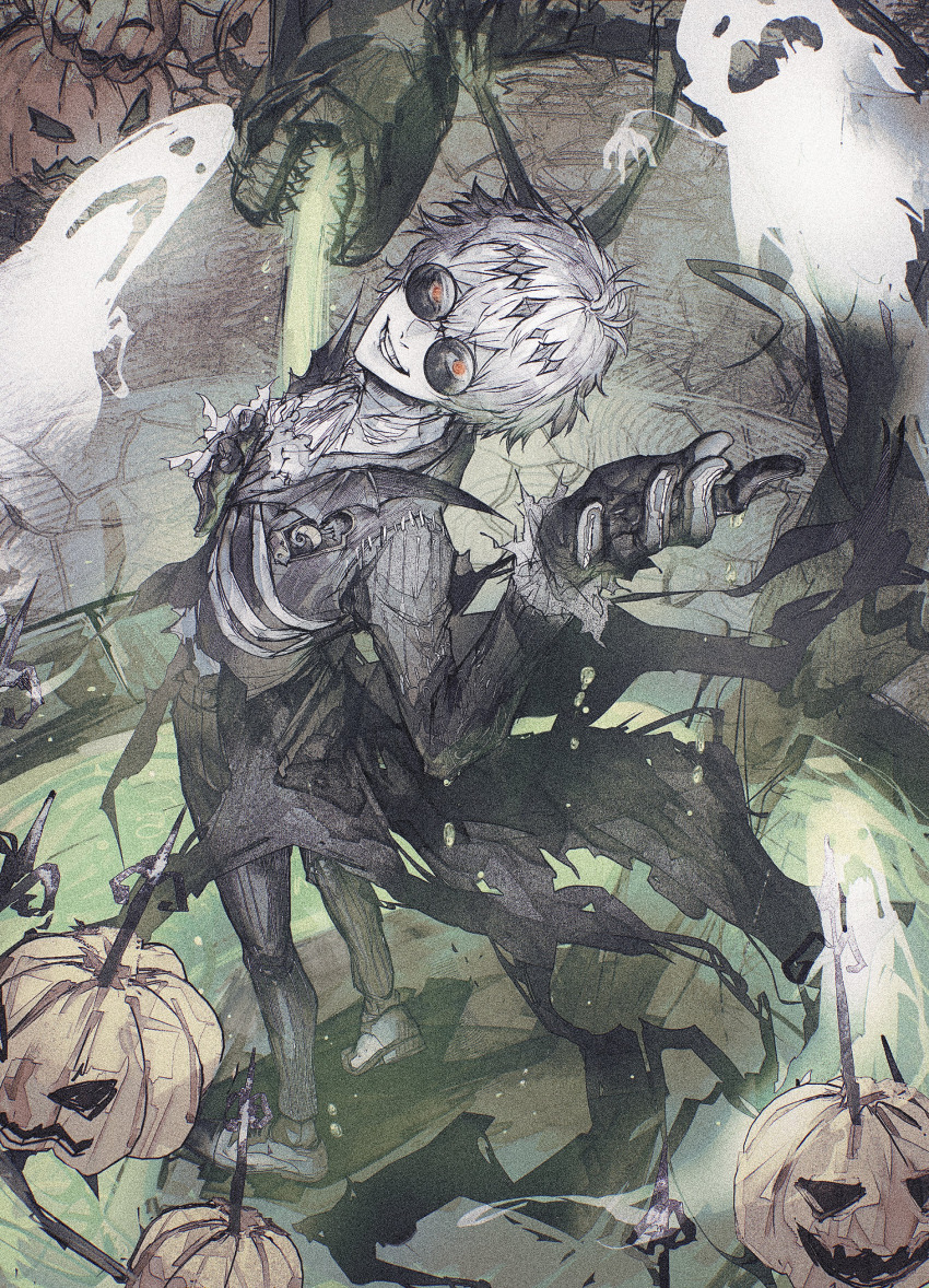 1boy absurdres bishounen black_crown crown diamond_hairband formal_clothes ghost gloves graveyard halloween highres ho9_999 jack-o&#039;-lantern jacket long_sleeves looking_at_viewer male_focus missing_tooth pinstripe_jacket pinstripe_pattern pinstripe_suit pinstripe_vest round_eyewear short_hair skeleton skeleton_print skully_j._graves smile smirk solo spirit stitches striped_clothes striped_jacket striped_vest suit sunglasses twisted_wonderland vertical-striped_clothes vertical-striped_jacket vertical-striped_vest vest white_hair