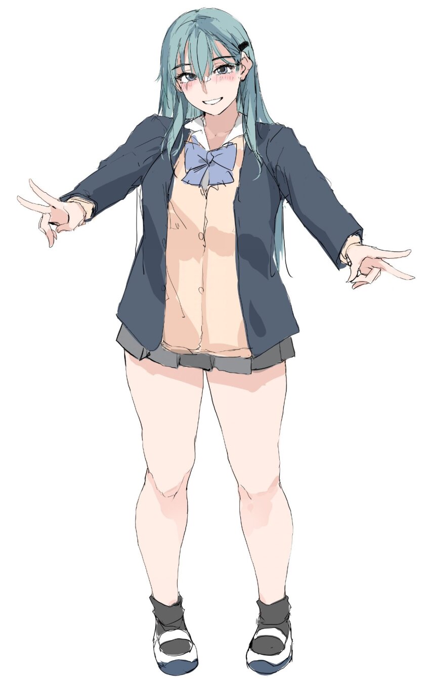 1girl alternate_costume aqua_eyes aqua_hair black_jacket black_socks blush breasts cardigan double_v full_body grey_skirt hair_between_eyes hair_ornament hairclip highres jacket kantai_collection large_breasts long_hair long_sleeves looking_at_viewer open_mouth school_uniform shoes skirt smile sneakers socks solo suzuya_(kancolle) v zekkyon