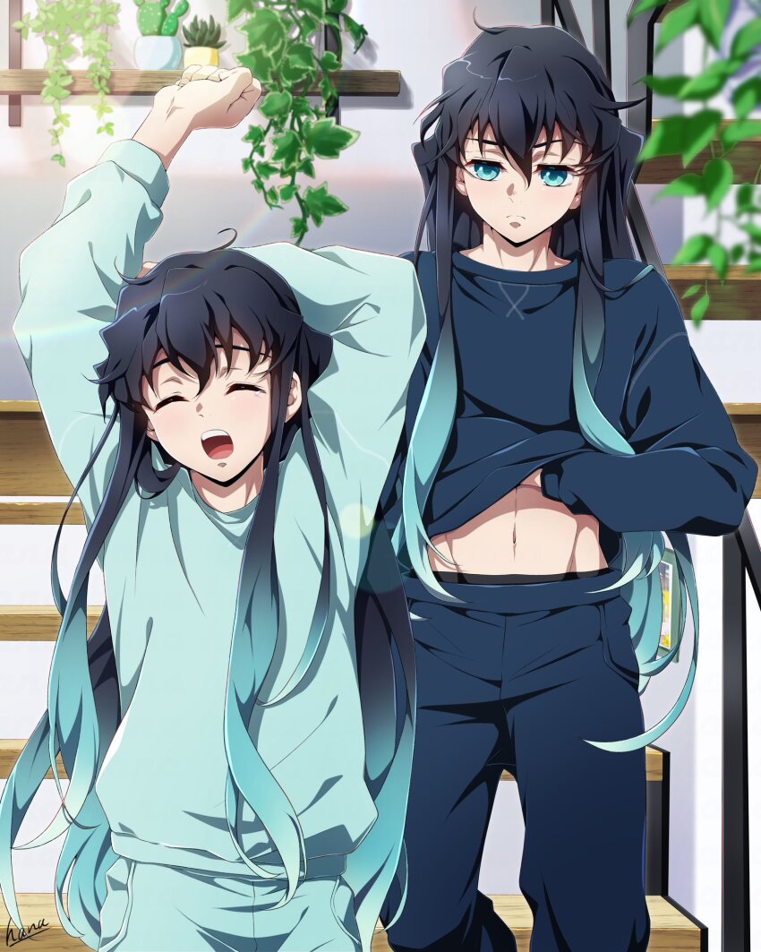 2boys aqua_eyes aqua_hair aqua_pants aqua_shirt black_hair black_pants black_shirt brothers closed_eyes closed_mouth gradient_hair hana_ni_nare highres kimetsu_no_yaiba long_hair long_sleeves male_focus midriff multicolored_hair multiple_boys navel open_clothes open_mouth open_shirt pants shirt siblings stomach tokitou_muichirou tokitou_yuichirou twins two-tone_hair waking_up yawning