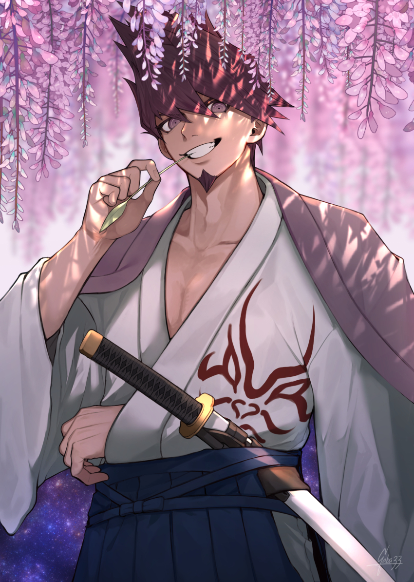 1boy arm_out_of_sleeve clenched_teeth collarbone commentary_request danganronpa_(series) danganronpa_v3:_killing_harmony dappled_sunlight day facial_hair flower gaba33 goatee grin hakama highres jacket jacket_on_shoulders japanese_clothes katana looking_at_viewer male_focus momota_kaito muscular muscular_male pectoral_cleavage pectorals pink_flower purple_eyes purple_facial_hair purple_hair sheath sheathed short_hair signature smile solo space_print spiked_hair starry_sky_print sunlight sword teeth upper_body weapon