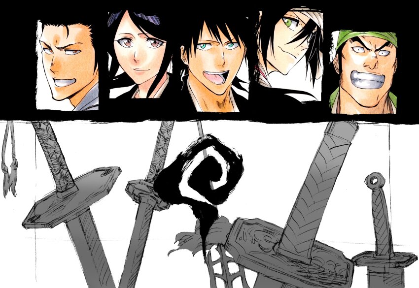 2girls 3boys absurdres bandana black_hair black_kimono bleach blue_eyes brother_and_sister brothers brown_eyes closed_mouth facing_viewer green_bandana green_eyes grin hair_between_eyes happy highres husband_and_wife japanese_clothes katana ken&#039;ichi_(ken1ro_u) kimono kurosaki_isshin long_hair looking_at_viewer looking_back medium_hair multiple_boys multiple_girls open_mouth orange_eyes parted_bangs partially_colored planted planted_sword planted_weapon polearm portrait shiba_ganju shiba_kaien shiba_kuukaku shiba_miyako shihakusho shinigami siblings sideburns sidelocks smile spiked_hair sword teeth tongue trident weapon zanpakutou