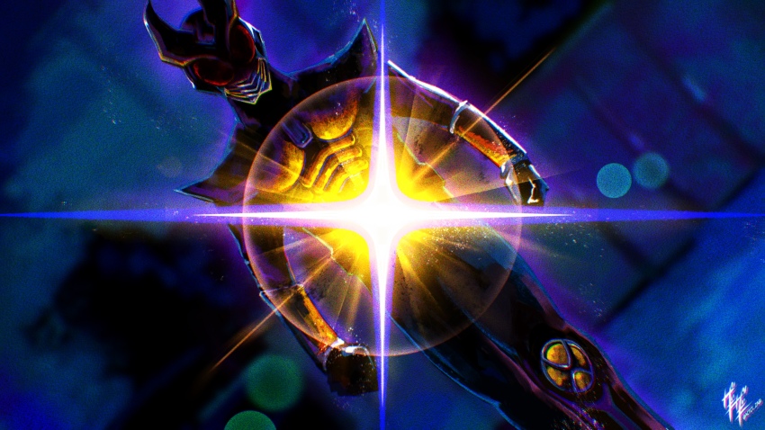 1boy altering_(agito) armor blurry bokeh breastplate commentary compound_eyes depth_of_field dutch_angle english_commentary gauntlets gold_armor gold_horns highres kamen_rider kamen_rider_agito kamen_rider_agito_(series) knee_armor male_focus red_eyes rider_belt shoulder_armor signature solo sparkle standing tokusatsu zagizagi
