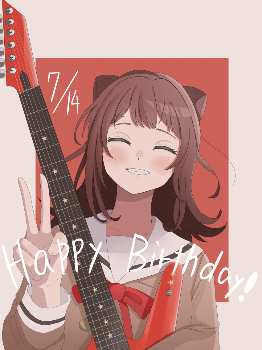1girl absurdres bad_id bad_pixiv_id bang_dream! blush brown_hair brown_shirt closed_eyes cone_hair_bun dated electric_guitar guitar hair_bun hand_up happy_birthday highres instrument long_hair long_sleeves parted_lips red_neckwear sailor_collar shirt smile solo toyama_kasumi upper_body v white_sailor_collar yasou0049