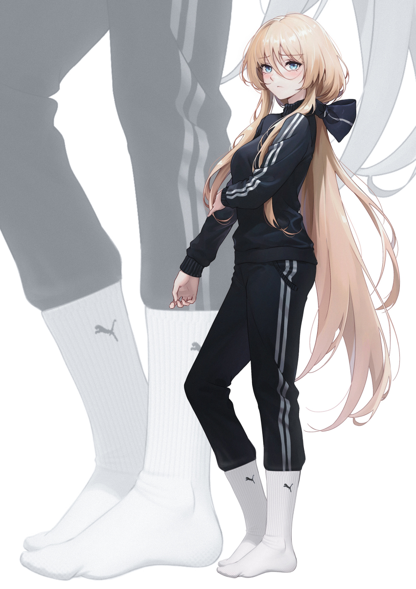 1girl absurdres alternate_costume aqua_eyes azur_lane bismarck_(azur_lane) blonde_hair commission full_body ghhoward hair_ribbon hand_on_own_elbow highres holding_own_arm jacket looking_at_viewer low_ponytail no_shoes pants pixiv_commission ponytail puma_(brand) ribbon simple_background socks solo sportswear standing track_jacket track_pants white_background white_socks