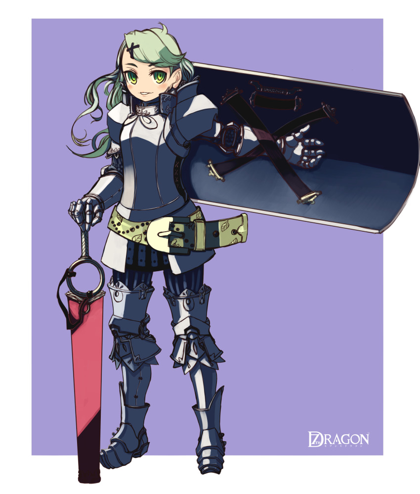 armor armored_boots armored_gloves bad_id bad_pixiv_id belt blue_pants boots buckle cross_hair_ornament gauntlets gloves green_eyes green_hair grin hair_ornament highres holding holding_shield holding_sword holding_weapon kansou_samehada light_blush light_smile long_hair looking_at_viewer no_headwear no_nose outstretched_arm outstretched_hand oversized_belt oversized_object pants planted_sword planted_weapon plate_armor purple_background red_sword ringed_eyes shield simple_background smile solo standing striped_clothes swept_bangs sword teeth thick_eyebrows weapon