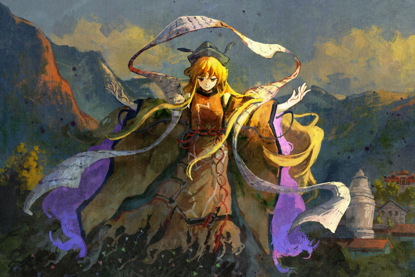1girl absurdres black_hat blonde_hair building chinese_clothes closed_mouth cloud commentary_request dalachi_(headdress) dress ge_dazuo hands_up hat highres long_hair long_sleeves looking_at_viewer matara_okina mountain orange_dress outdoors painterly red_eyes ribbon smile standing touhou wide_sleeves