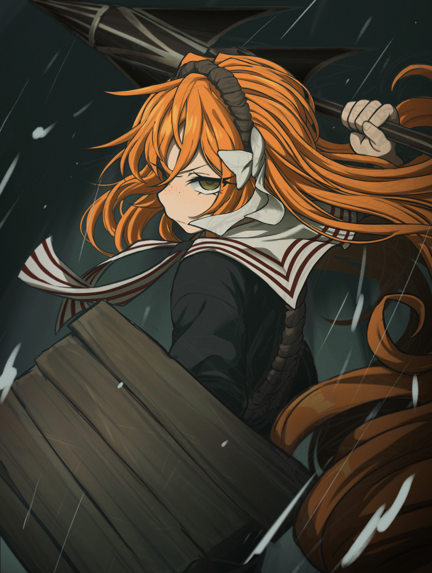 1girl absurdres bbyong403 black_shirt brown_hairband commentary_request green_eyes hairband highres holding holding_harpoon holding_shield imminent_throw ishmael_(project_moon) korean_commentary limbus_company looking_at_viewer mixed-language_commentary orange_hair project_moon rain sailor_collar serious shield shirt snagharpoon_(e.g.o) solo wooden_shield