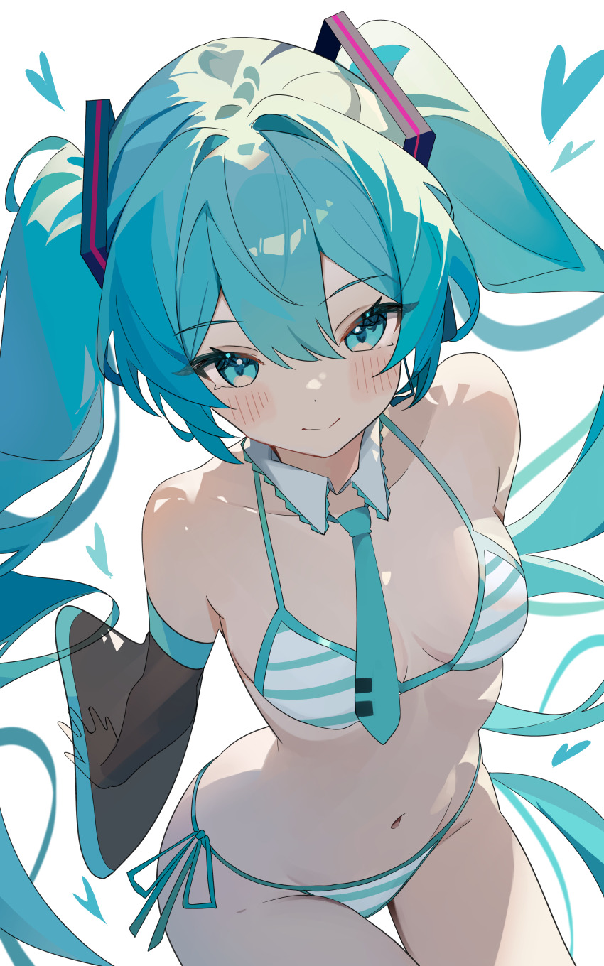 1girl absurdres ai-assisted aqua_bikini aqua_eyes aqua_hair aqua_necktie aqua_trim arm_at_side arm_behind_back bare_shoulders bikini black_sleeves blush breasts closed_mouth coco_irasuto commentary_request cowboy_shot detached_sleeves frilled_shirt_collar frills from_above hair_between_eyes hair_intakes hair_ornament hatsune_miku heart highres horizontal-striped_bikini long_hair long_sleeves looking_at_viewer meme miku_collar_bikini navel necktie see-through_clothes see-through_sleeves side-tie_bikini_bottom simple_background sitting small_breasts smile solo striped_bikini striped_clothes swimsuit tie_clip twintails vocaloid white_background white_bikini