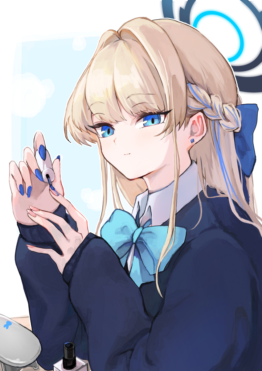 1girl absurdres applying_manicure arm_up black_skirt blonde_hair blue_archive blue_bow blue_bowtie blue_cardigan blue_eyes blue_halo blue_nails blue_sweater bow bowtie breasts cardigan collared_shirt commentary_request halo highres holding holding_brush koyuuuuuuuuuuu long_hair looking_at_viewer medium_breasts miniskirt nail_polish open_mouth painting_nails school_uniform shirt simple_background skirt solo sweater toki_(blue_archive) toki_(school_uniform)_(blue_archive) upper_body very_long_hair white_background white_shirt