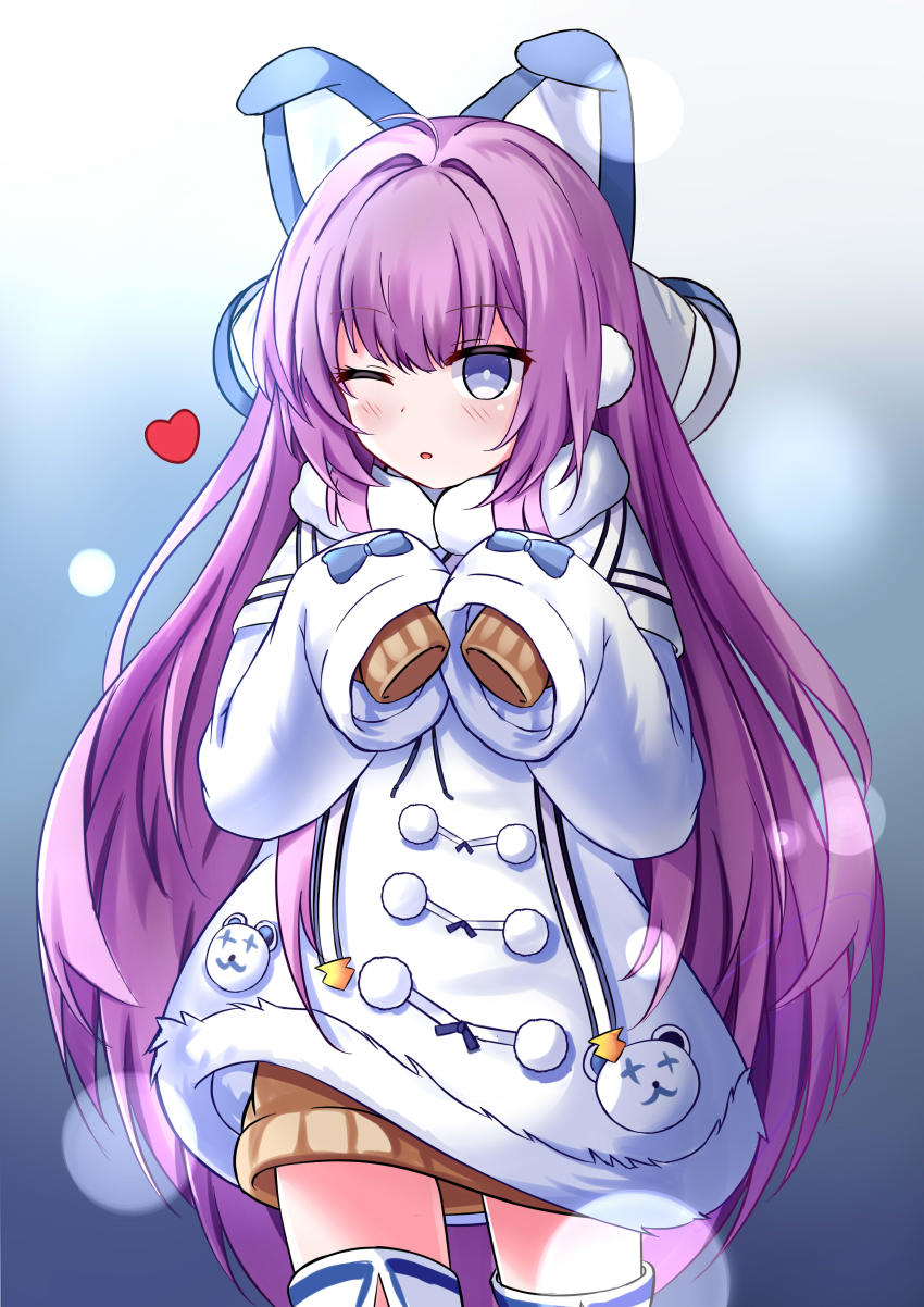 1girl absurdres animal_ears azur_lane blue_eyes blush coat dress female_focus fur_trim gradient_background hair_ornament hair_ribbon heart highres juiceneko long_hair long_sleeves looking_at_viewer one_eye_closed open_mouth purple_hair ribbon sleeves_past_fingers sleeves_past_wrists solo sweater tashkent_(azur_lane) thighhighs very_long_hair white_coat white_thighhighs winter_clothes