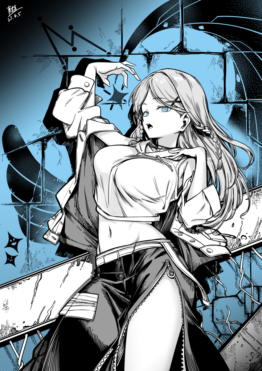 1girl alternate_hairstyle bang_dream! bang_dream!_it&#039;s_mygo!!!!! blue_eyes crop_top highres mygo!!!!!_(bang_dream!) nagasaki_soyo navel qingwa_chi_she solo tagme zipper