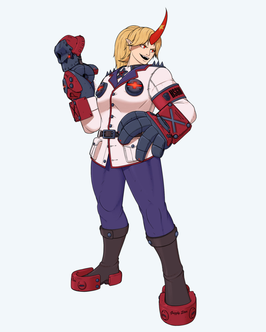 1girl black_boots blonde_hair boots coat commentary cosplay english_commentary full_body gauntlets goohbye guilty_gear high_ponytail highres horns hoshiguma_yuugi long_hair looking_afar open_mouth pants parted_bangs pointy_ears ponytail potemkin_(guilty_gear) potemkin_(guilty_gear)_(cosplay) purple_pants red_eyes red_horns simple_background single_horn smile solo standing star_(symbol) touhou white_background white_coat
