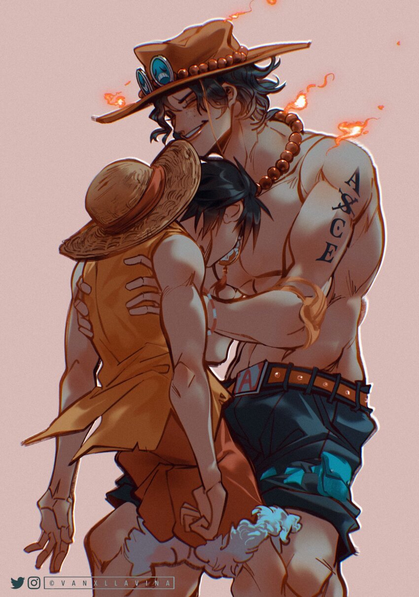 2boys arm_tattoo back belt black_hair black_shorts bracelet carrying carrying_person closed_eyes commentary elbow_pads english_commentary fire freckles hat highres instagram_logo instagram_username jewelry male_focus monkey_d._luffy multiple_boys necklace one_piece orange_hat pearl_necklace portgas_d._ace shirt short_hair shorts simple_background single_elbow_pad sleeveless sleeveless_shirt smile straw_hat tattoo topless_male twitter_logo twitter_username vanxllavina