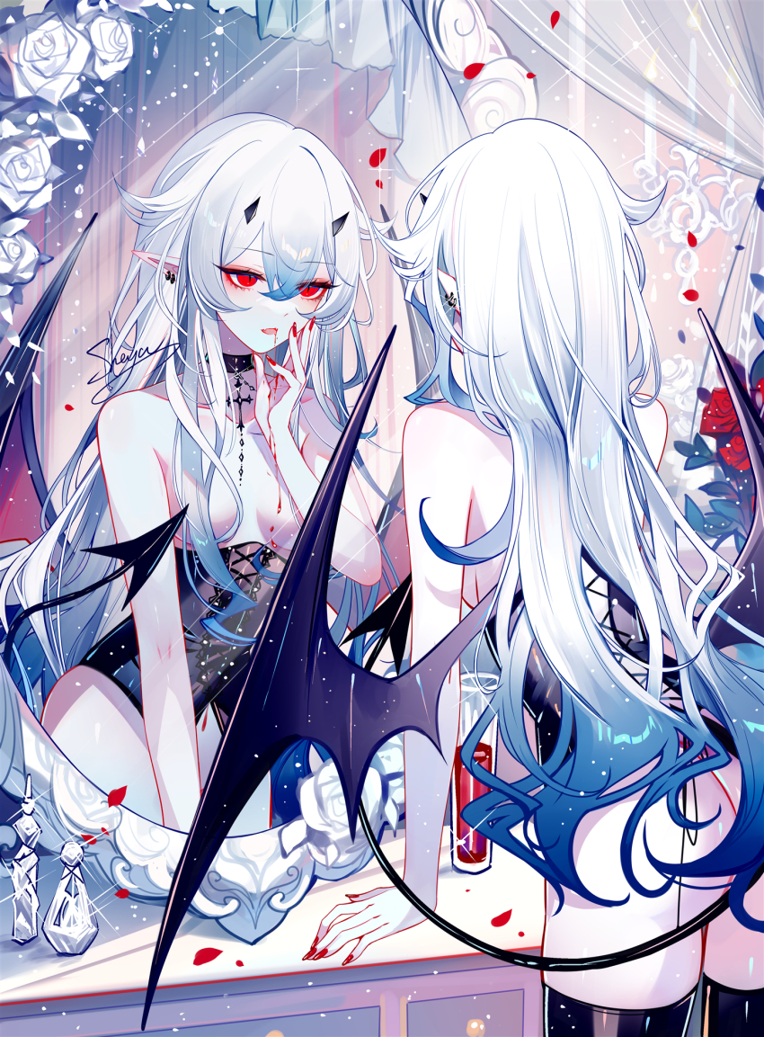 1girl arm_support artist_name black_choker black_thighhighs breasts choker cup drinking_glass earrings flower hair_censor highres horns jewelry long_hair mirror open_mouth original petals pointy_ears red_eyes red_flower red_nails red_rose reflection rose rose_petals sheya small_breasts tail thighhighs thighs very_long_hair white_flower white_hair white_rose wings