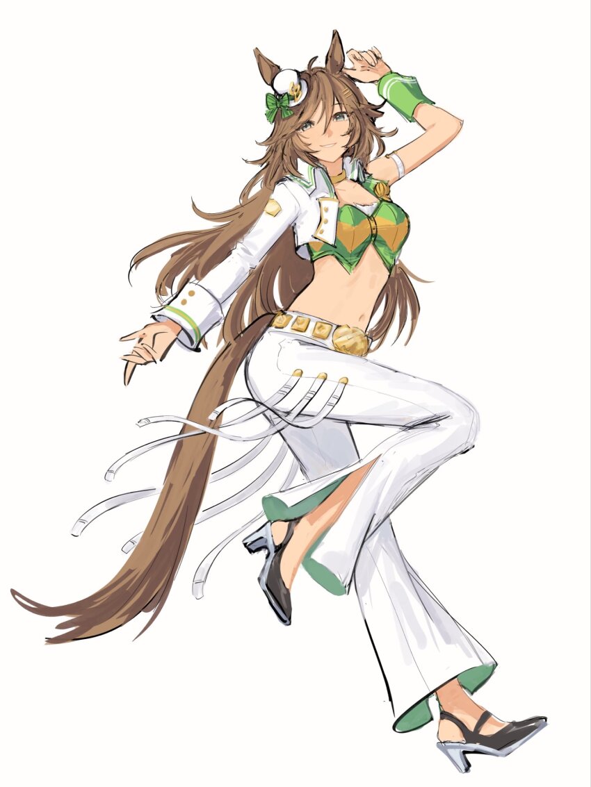 1girl ahoge animal_ears asymmetrical_jacket blue_eyes breasts brown_hair cereu57 choker full_body green_shirt hair_between_eyes hair_ornament hairclip hat high_heels highres horse_ears horse_girl horse_tail jacket long_hair long_sleeves looking_at_viewer midriff mini_hat mini_top_hat mr._c.b._(clear_bliss)_(umamusume) mr._c.b._(umamusume) navel pants parted_lips shirt simple_background single_bare_shoulder single_sleeve single_wrist_cuff smile solo strapless strapless_shirt tail top_hat umamusume white_background white_jacket white_pants wrist_cuffs yellow_choker