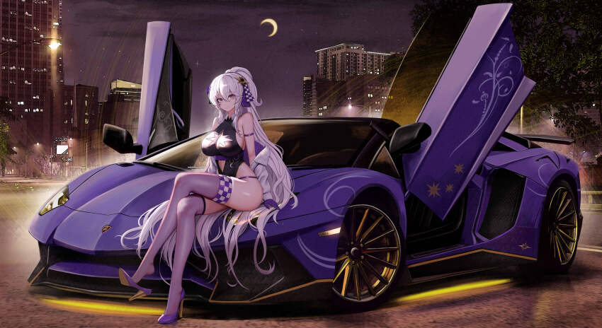 1girl absurdly_long_hair absurdres arm_strap armpit_crease bare_shoulders belt black_leotard breasts car checkered_thighhighs cleavage cleavage_cutout closed_mouth clothing_cutout collared_leotard commission crescent_moon crossed_legs cutout_above_navel gloves gold_trim hair_between_eyes hair_ornament high_heels highleg highleg_leotard highres indie_virtual_youtuber jacket kcar66t lamborghini lamborghini_aventador large_breasts leotard long_hair long_sleeves looking_at_viewer moon motor_vehicle night off_shoulder on_car open_clothes open_jacket outdoors panty_straps pixiv_commission ponytail purple_car purple_eyes purple_footwear purple_gloves purple_thighhighs race_queen shoe_dangle sideboob sitting sitting_on_car sitting_on_hair skindentation smile solo spaghetti_strap sports_car star_cutout thighhighs thighs very_long_hair virtual_youtuber white_hair white_jacket wide_shot wing_collar