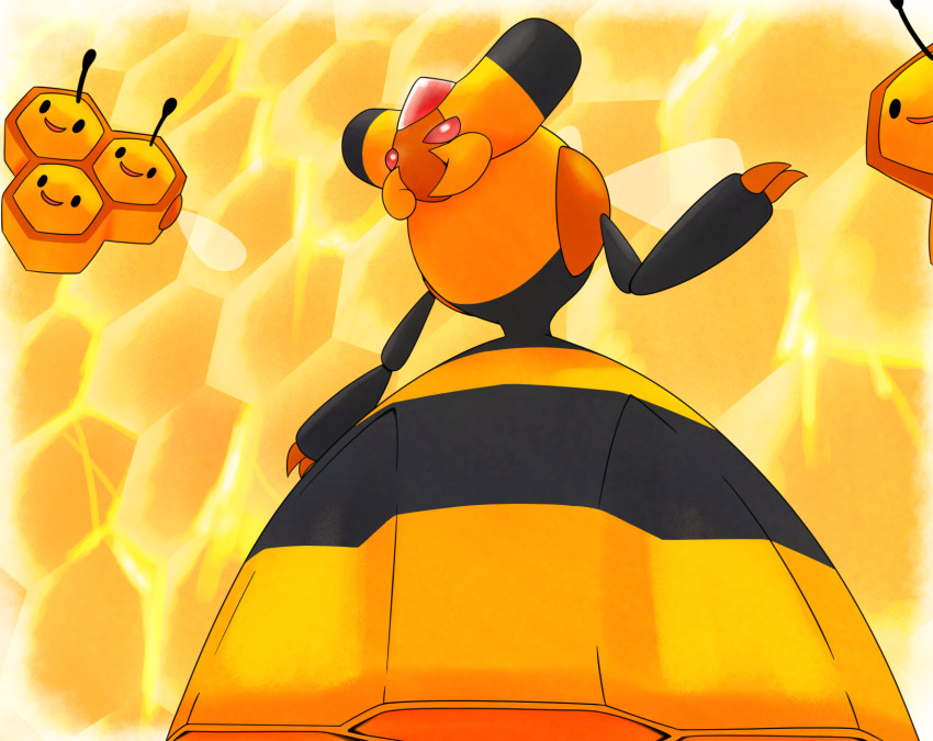 beautyfromabove black_eyes claws combee commentary english_commentary from_below gen_4_pokemon highres honeycomb_(pattern) honeycomb_background nintendo no_humans pink_eyes pokemon pokemon_(creature) smile solid_oval_eyes vespiquen