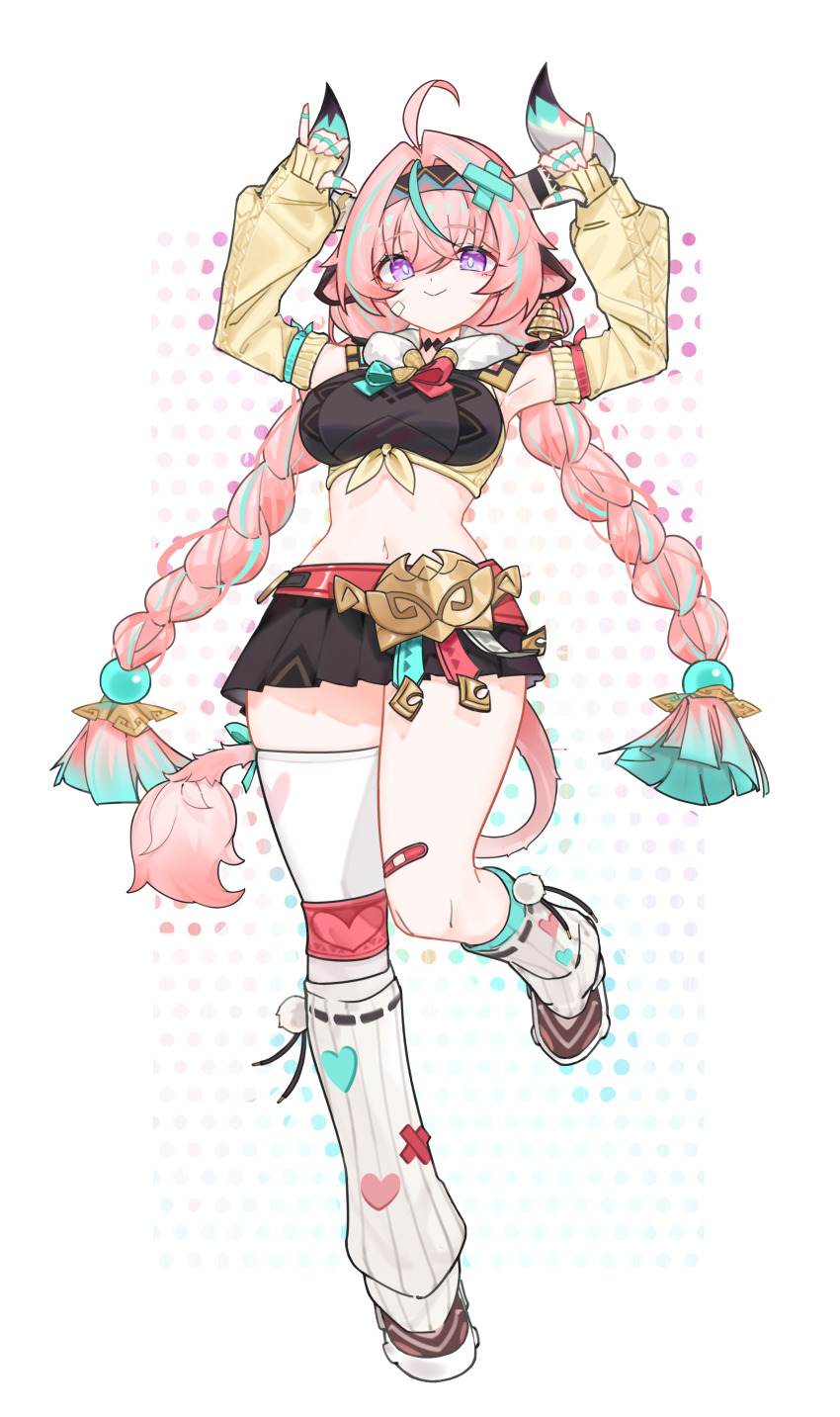 1girl absurdres ahoge animal_ears aqua_hair arms_up asymmetrical_legwear bandaid bandaid_on_cheek bandaid_on_face bandaid_on_thigh bell bell_earrings belt black_hairband black_skirt braid breasts closed_mouth cow_ears cow_girl cow_horns cow_tail crop_top detached_sleeves earrings error1980 full_body genshin_impact gradient_hair hair_between_eyes hair_intakes hairband hands_up highres horns horns_pose jewelry large_breasts leg_warmers long_hair midriff miniskirt multicolored_hair navel pink_hair pink_tail pleated_skirt purple_eyes red_belt skirt sleeveless smile solo standing standing_on_one_leg streaked_hair tail twin_braids varesa_(genshin_impact) very_long_hair white_background white_leg_warmers yellow_sleeves